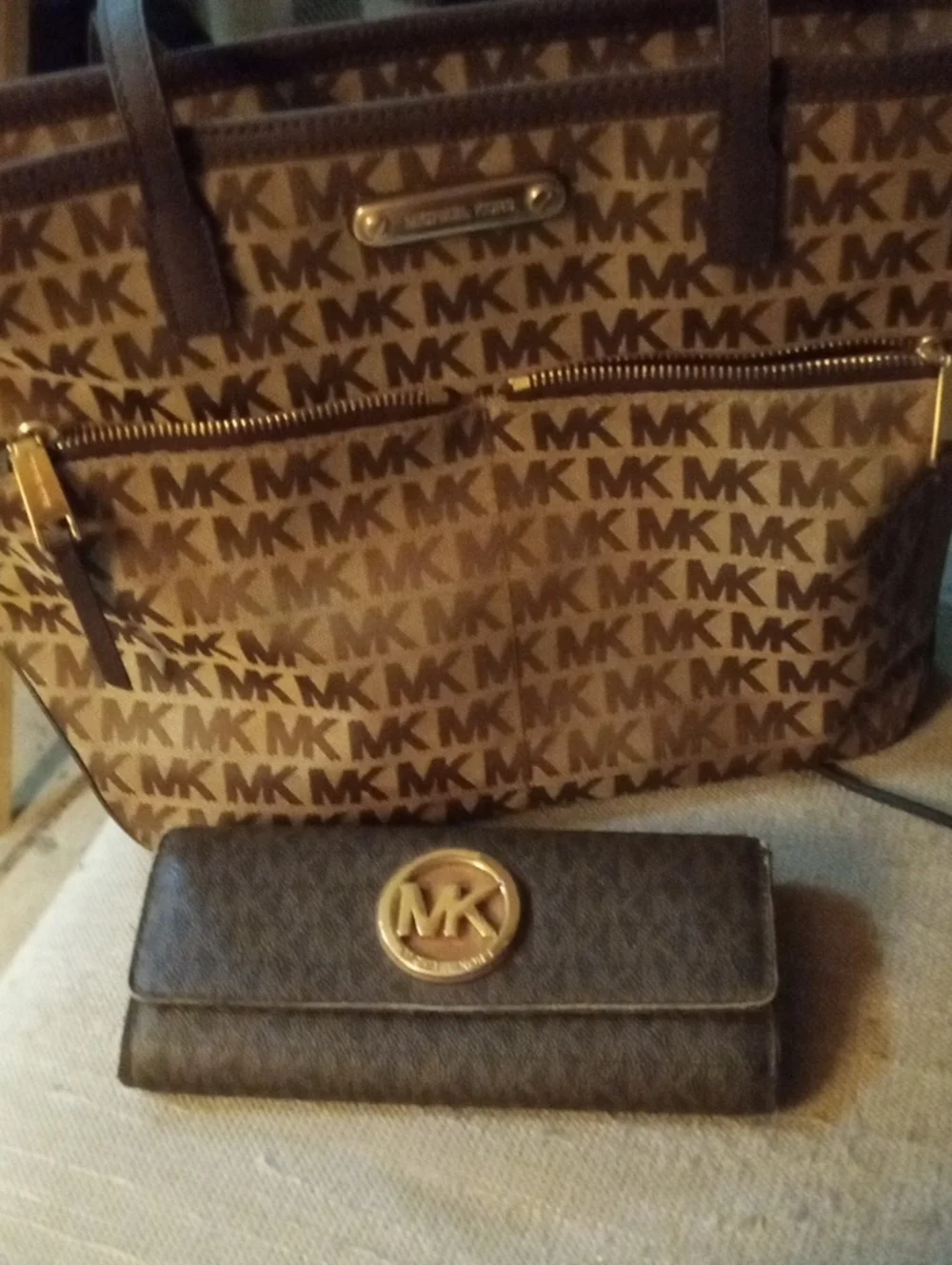 Michael Kors Brown MK Logo Tote with Matching Brown Wallet